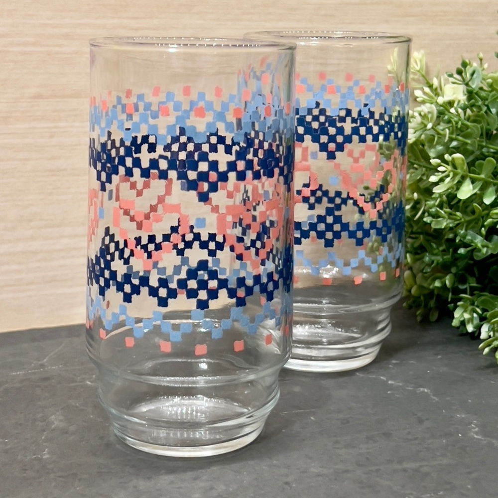 6 vintage Libby glasses with cross stitch pattern